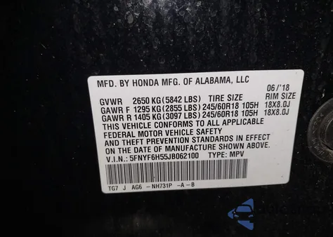 2018 Honda Pilot Ex-L z USA, uszkodzony, nr VIN 5FNYF6H55JB062100